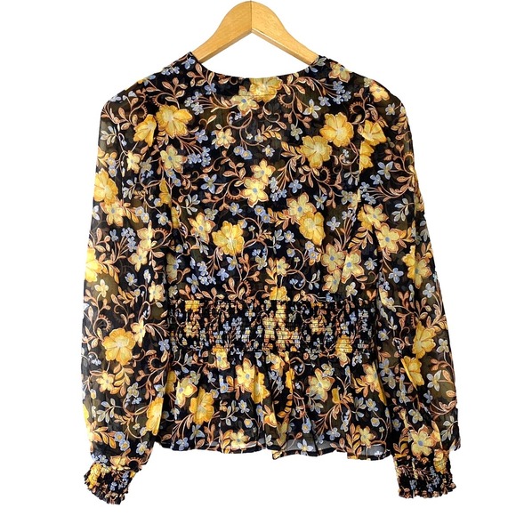 Old Navy Black Floral Print‎ Smocked Waist Peplum Blouse Top XL flowy boho - Picture 3 of 11